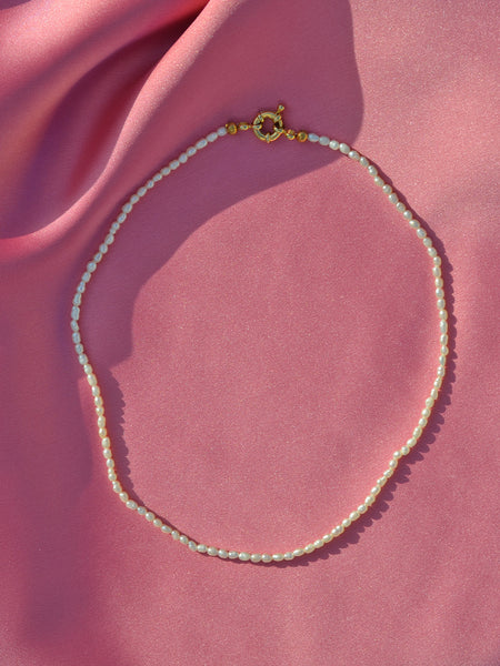 Cher's Necklace: Single strand of thin and small freshwater pearls as a necklace.