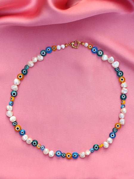 Bibi's Fairuz Eyes Necklace: Mix of keshi freshwater pearls and glass evil eye beads in blue, green and yellow colour.
